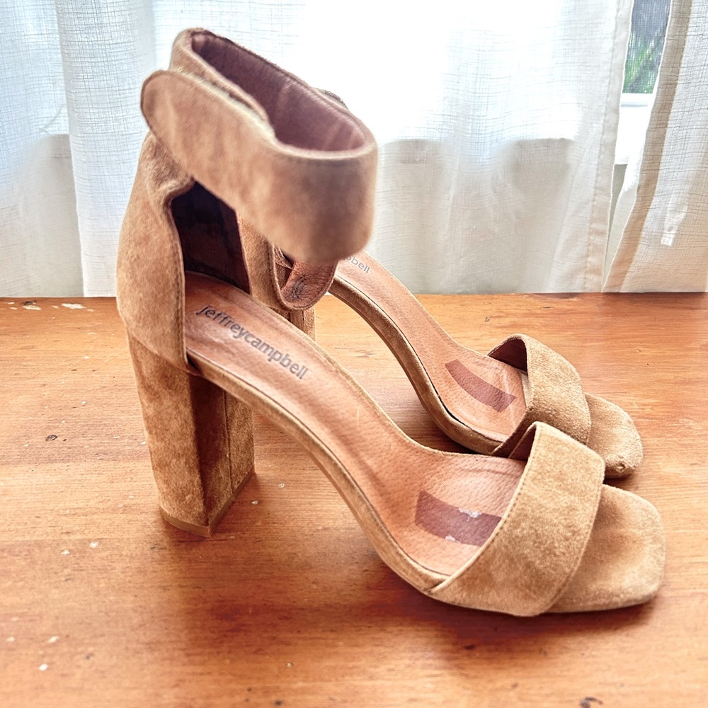 Jefferey Campbell tan suede heels with Velcro ankle strap.